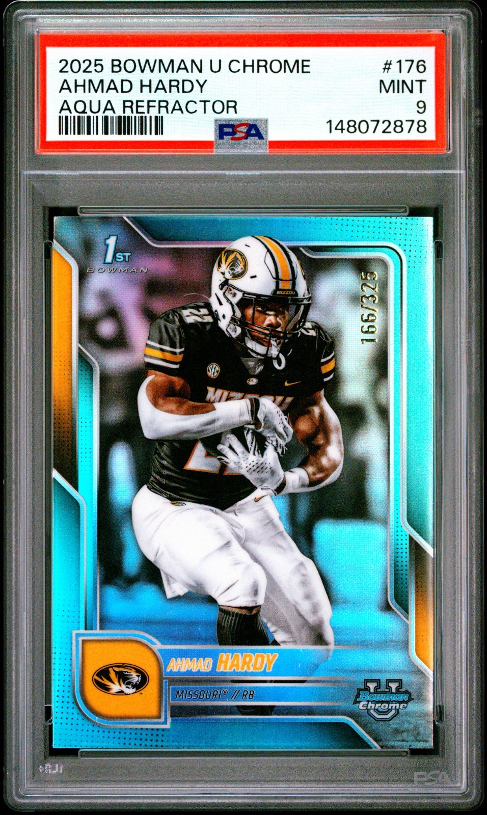 AHMAD HARDY RC 2025 BOWMAN UNIVERSITY CHROME AQUA REFRACTOR ROOKIE 166/325 PSA 9