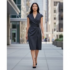 Interview Dress Minimalist Charcoal Gray Size 4 Faux Wrap Sheath Career Workwear