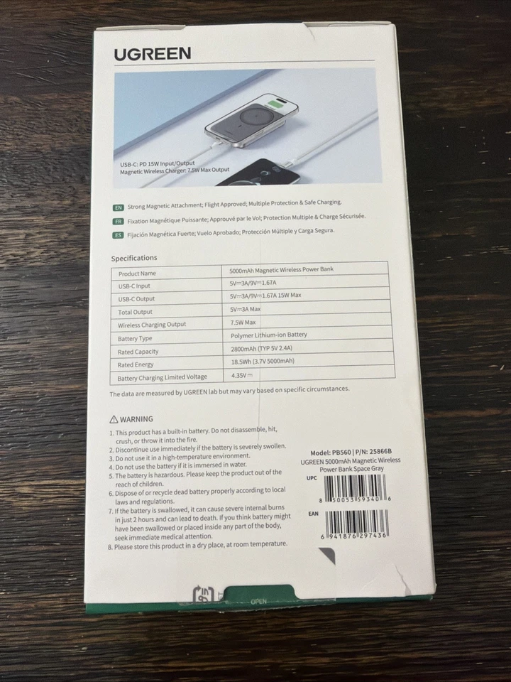 Banco de alimentación Ugreen magnético inalámbrico carga rápida 15W 5000mAh ¡ABIERTO NUEVO! Foto 4 de 4