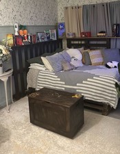 Deep brown wooden L shaped hand made pallet bed with bace and 2 headboards 