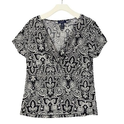 Chaps Womens Vacation Classic Paisley Faux Wrap Top XL Black White Short Sleeve