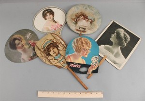 6 Antique Early 20thC Advertising Hand Fan Signs MOXIE Soda, Sewing Machine + NR