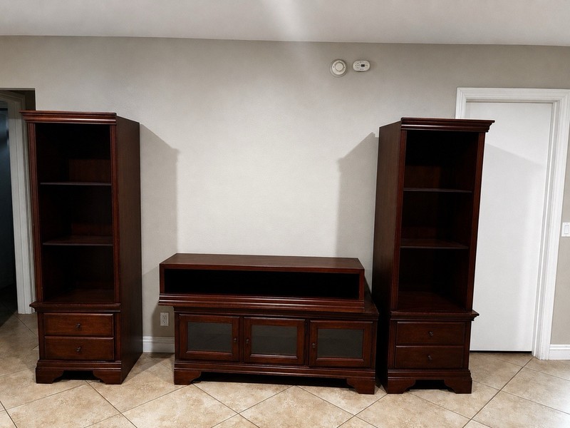 Brown Wood Entertainment Unit TV Stand 3-Piece Set w/ 2 Matching Towers