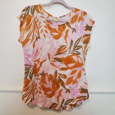C&C California Top Linen Women’s Sz Medium Round Neck Stretch Leaves Peach