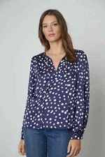 VELVET By Graham & Spencer Marlowe Polka Dot Blouse Navy S $198 E2