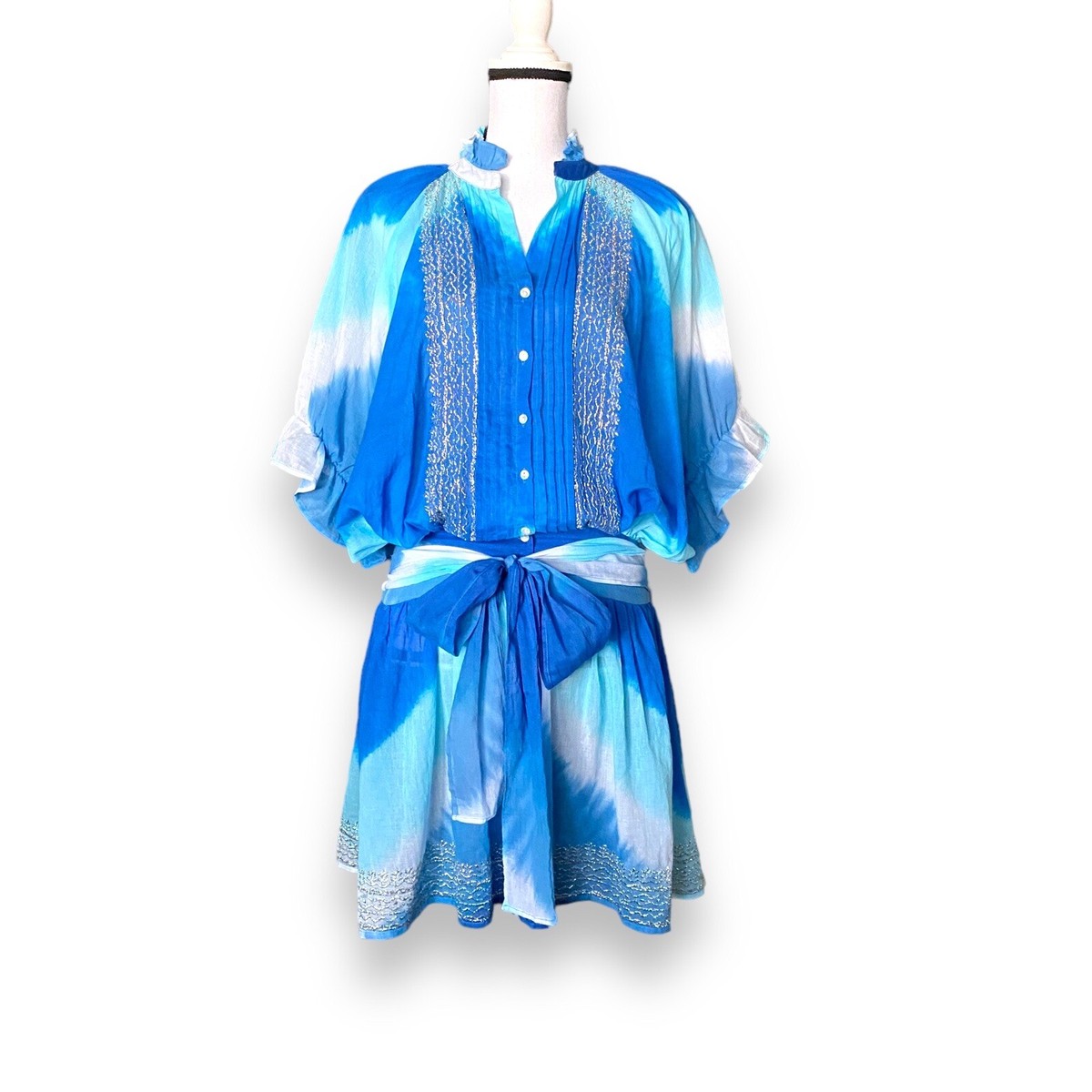 New Juliet Dunn Hand Embroidered Blouson Dress Fits US Sz S/M  Torq/Blue/Silver | eBay