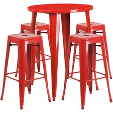 30'' Round Red Metal Indoor-Outdoor Restaurant Bar Table Set w/4 Barstools