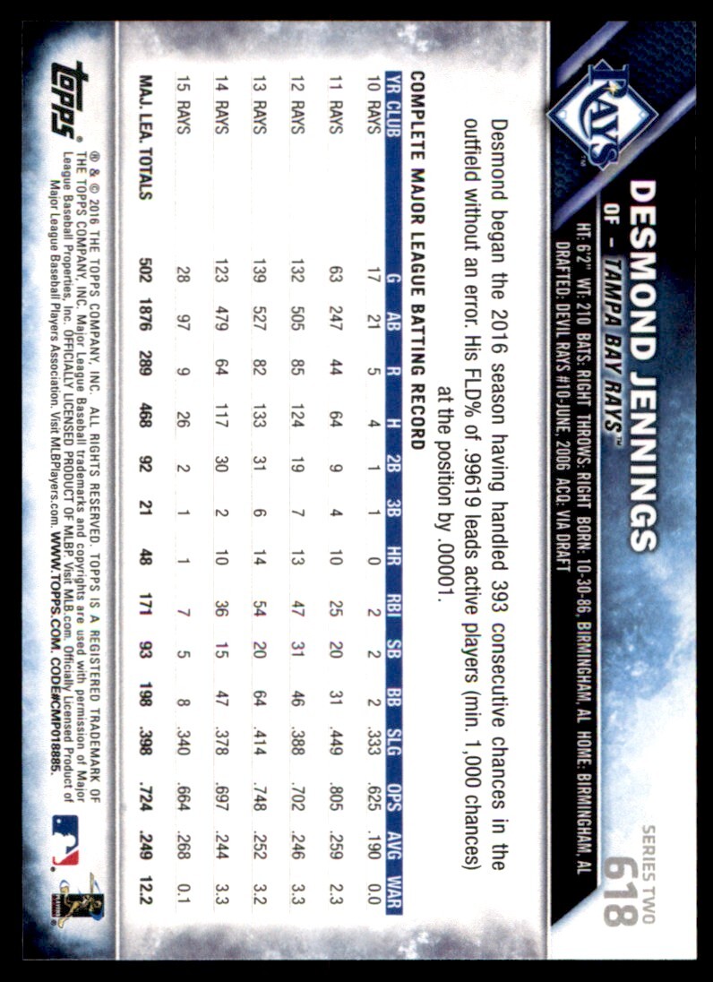 2016 TOPPS #618 DESMOND JENNINGS TAMPA BAY RAYS | eBay