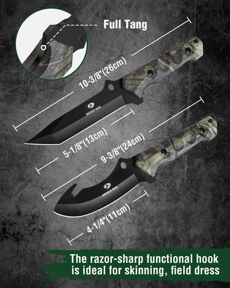 Mossy Oak 2PACK Fixed Blade Hunting Knife Set Full Tang Gut Hook Blades W/Sheath - Image 2 of 4