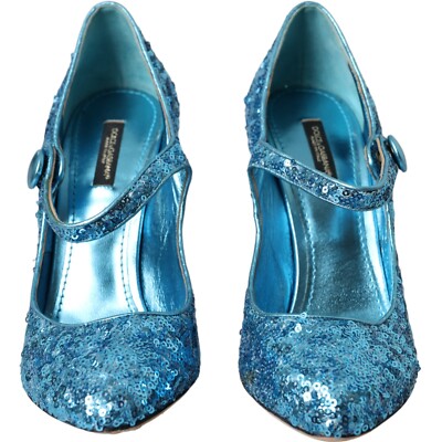 DOLCE & GABBANA Shoes Blue Sequin Mary Jane Pumps High Heels EU39