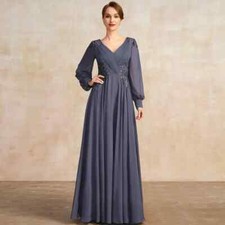 V Neck Chiffon Mother of the Bride Dresses Long Sleeves Appliques Party Gowns US