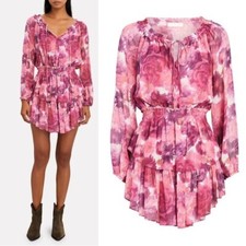 LoveShackFancy Ruffled Popover Pink Purple Floral Silk Mini Dress L