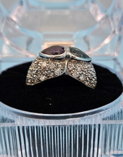 925 Silver Lab Created Purple and Green stone Heart Ring Size 6 in Box Thailand - Picture 3 of 16