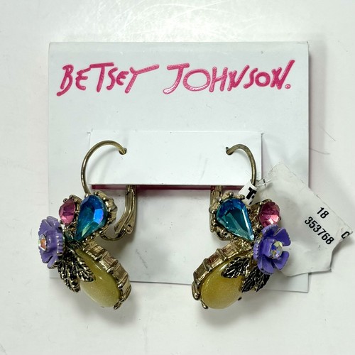Betsey Johnson Multicolor Rhinestone Pink Blue Gold Tone Lever Back Earrings - Picture 5 of 15