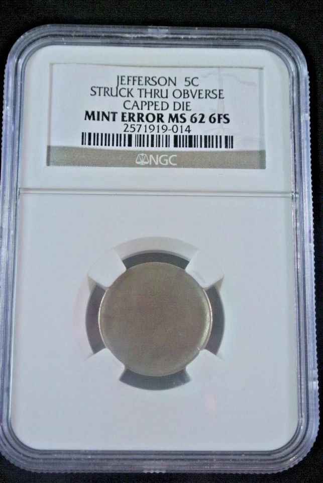 JEFFERSON 5 C Obverse Struck Thru OBVERSE Capped Die Mint Error NGC MS-62 6FS - Image 3 of 4