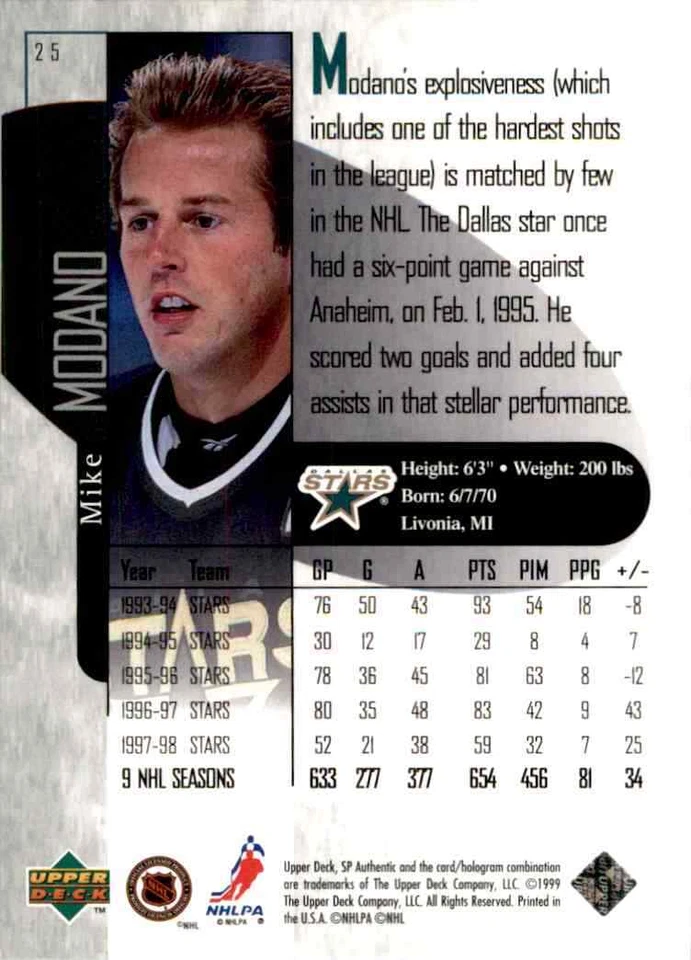1998-99 Upper Deck SP Authentic Mike Modano #25 - Image 2 of 2