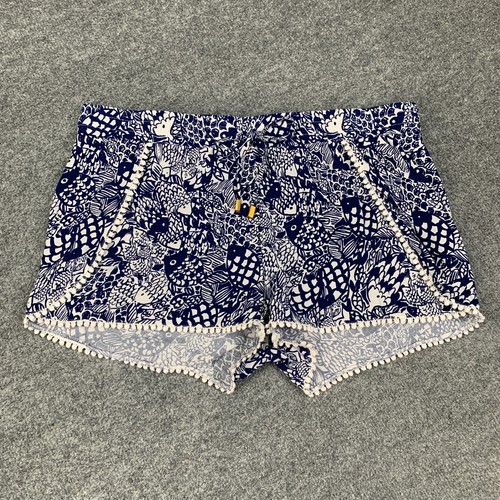 Lilly Pulitzer Shorts Womens Large Navy Piscine Fish Print Pom Pom Trim Drawcord - Picture 2 of 11