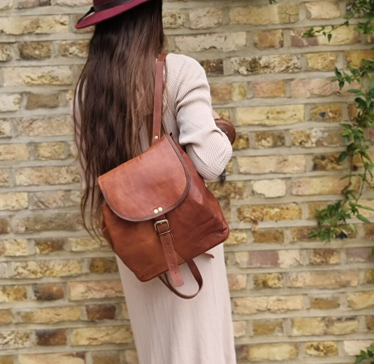 Medium Small Tan LEATHER BACKPACK Bag Boho Hippie Vintage Western