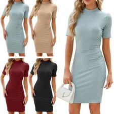 Womens High Neck Short Sleeve Bodycon Dress Party Slim Stretch Mini Dresses