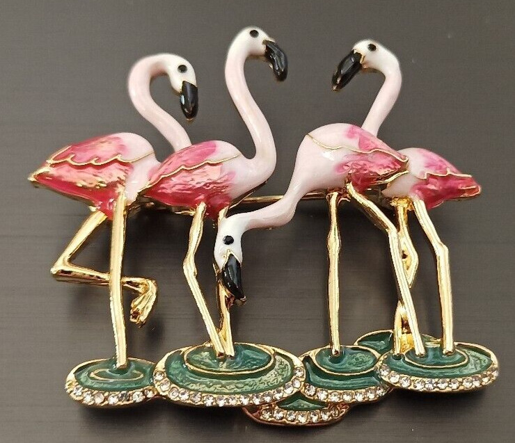 New Napier Gold Tone Flamingos with Simulated Crystals Pin