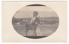 c1907 RPPC FOAL HORSE GIRL BONNET PIONEER FARM VINTAGE REAL PHOTO POSTCARD OLD !