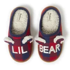 Dearfoam Lil Bear Childrens Size 2/3 Blue & Red Plaid Fuzzy Clog Slippers NEW