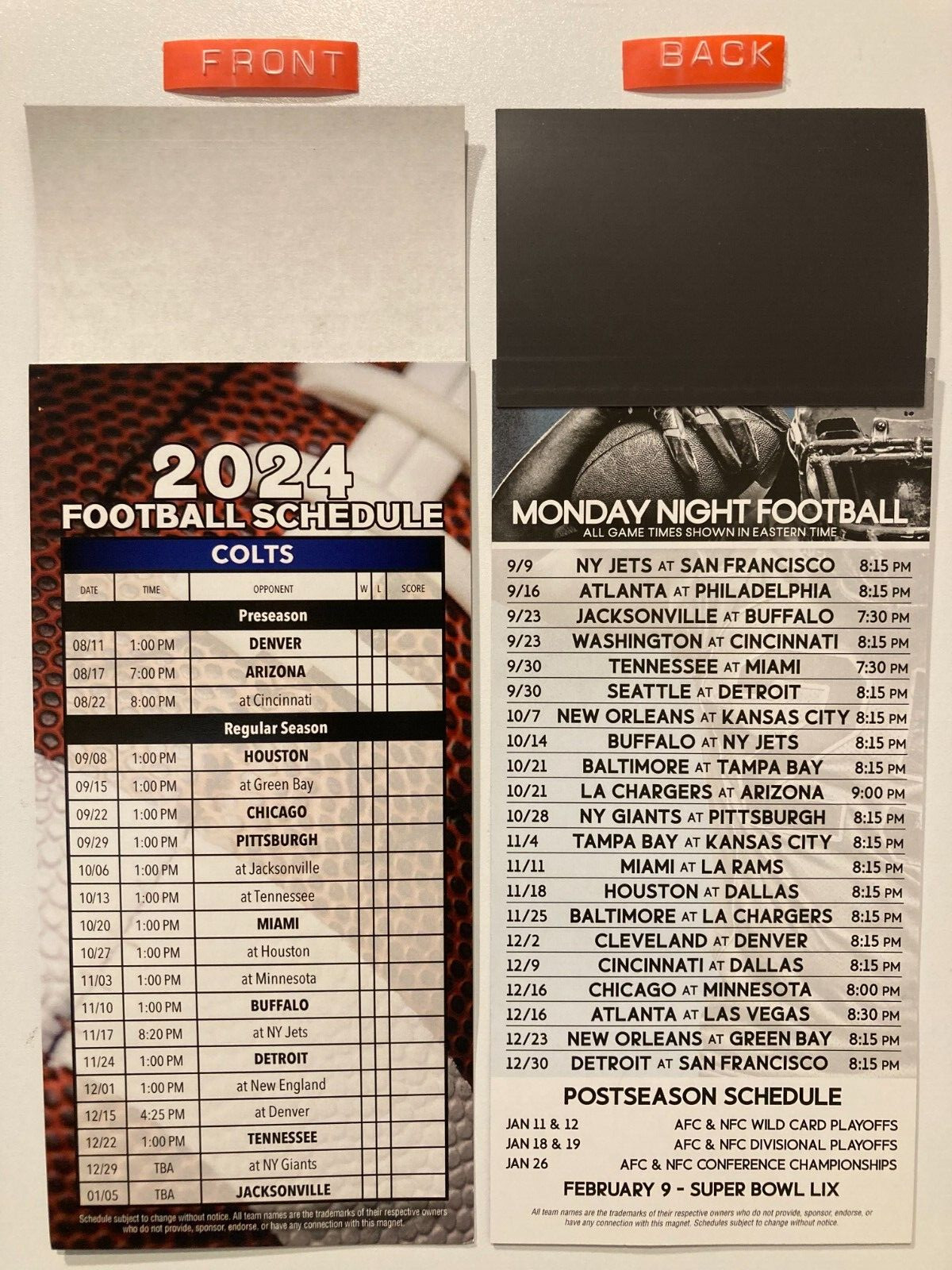 NFL 2024 INDIANAPOLIS COLTS SCHEDULE DATES & TIMES+MONDAY NIGHT