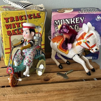 Vtg Tin Wind Up Toys Tricycle w/ Bell Monkey Riding Horse Reproduction WORKING