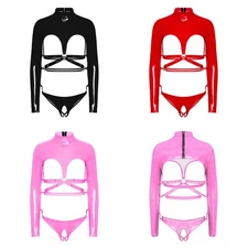 Women Bodysuit Glossy Clubwear Cosplay Catsuit Long Sleeve Jumpsuit Wet Look PU