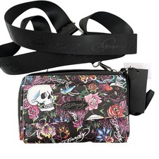 Ed Hardy Crossbody Bag Womens Small Black Skull Multicolor Tattoo Print Wristlet