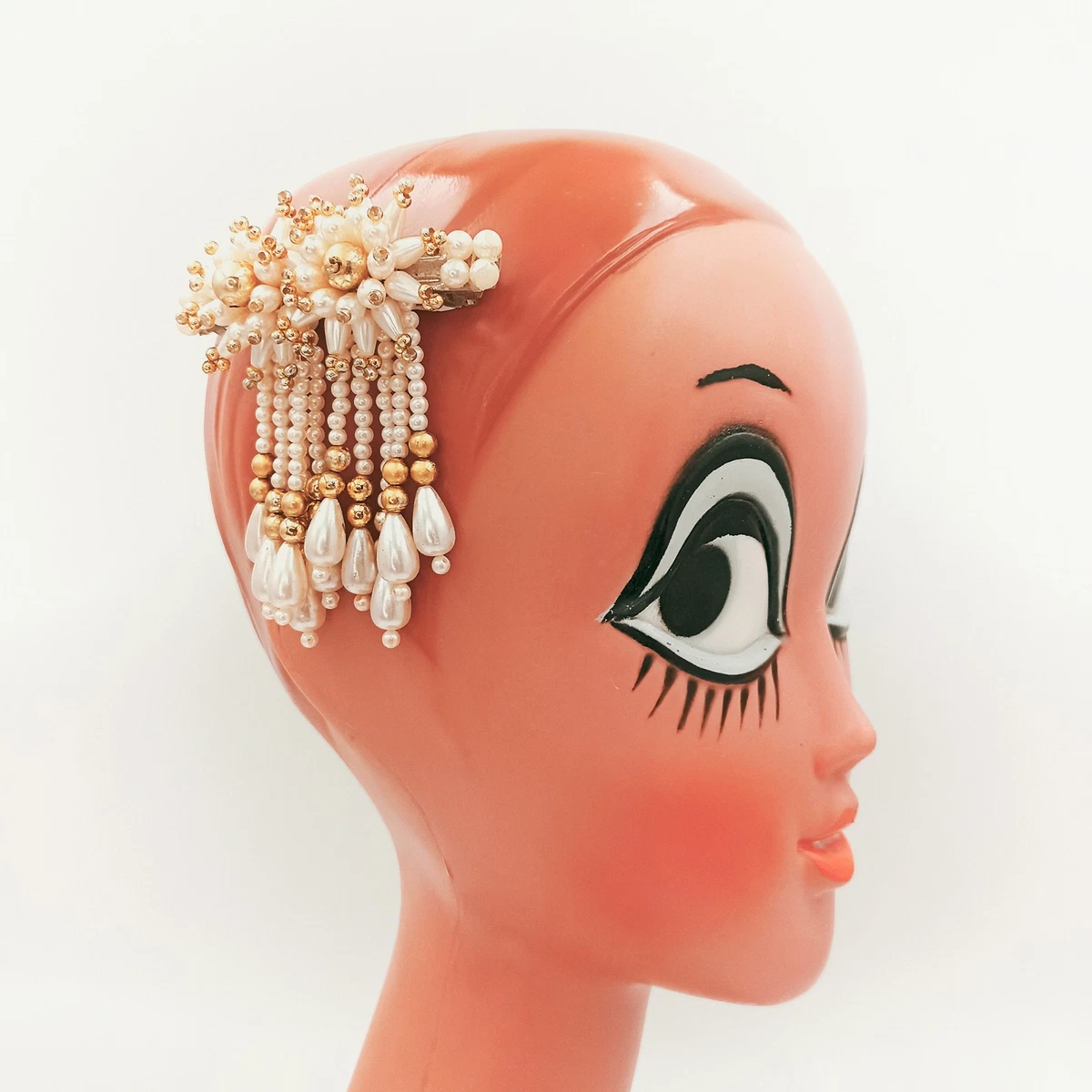 Paire De Pinces à Cheveux Vintage - Doré, Perles Nacrées - Bijou Ancien Femme - Bon état