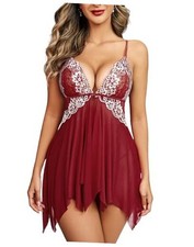 Women Lace Lingerie Front Closure Babydoll V Neck Nightwear XX-Large Dark Red