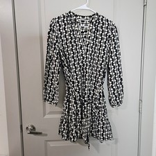 ZARA Womens S Black White Geometric Belted Ruffle Hem Long Sleeve Mini Dress