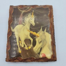 Vintage Mini 4" x 3 1/2" Lacquered Ferraro Unicorns Moon And Rose Wall Art