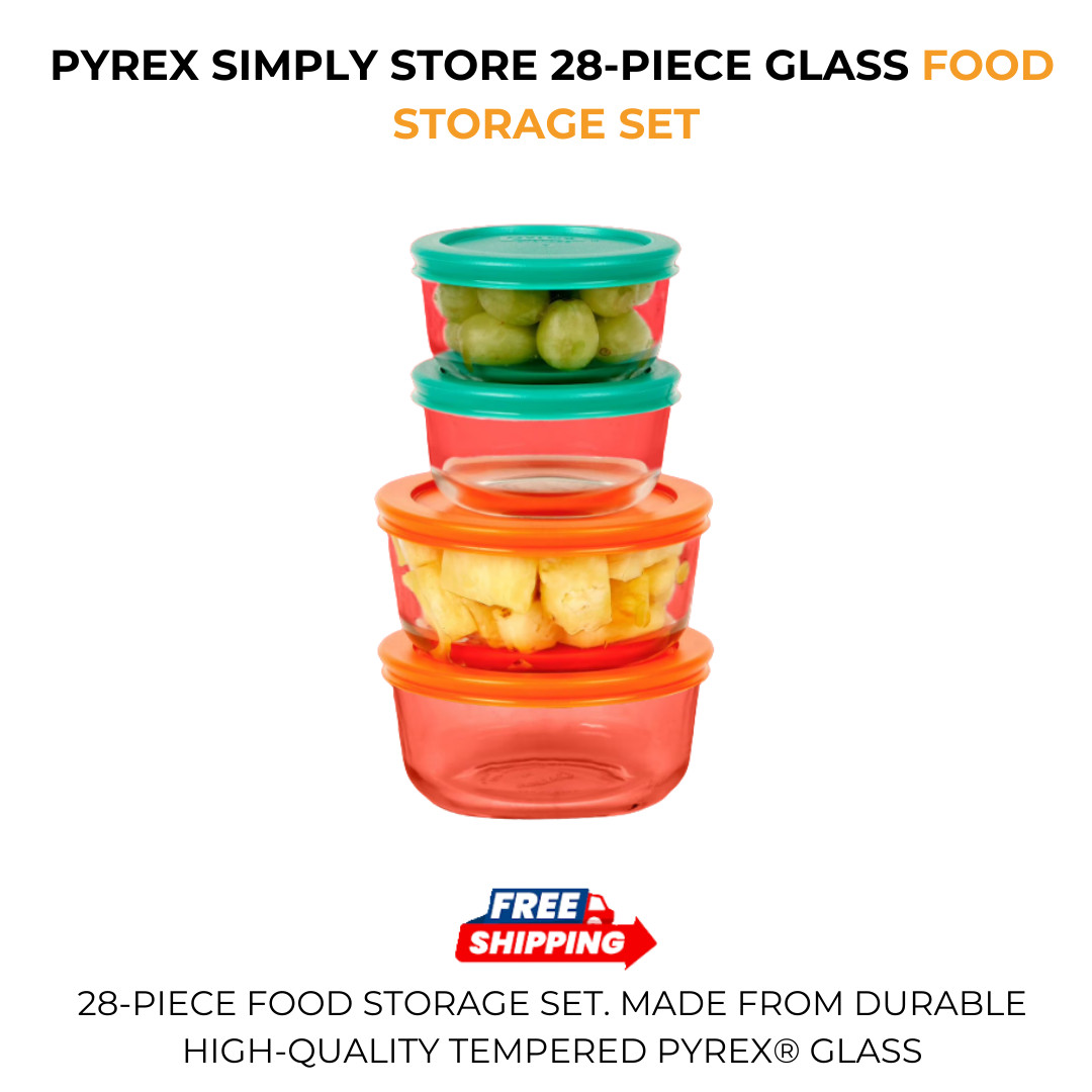 Pyrex Simply Store 28-Piece Glass Food Storage Set Durable Leak Proof Lids