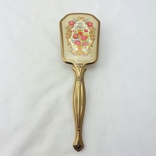 Antique Gold Handled Pink Flowers Floral Hairbrush Comb
