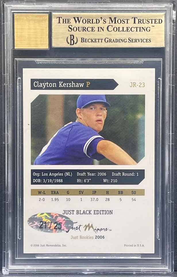2006 Just Rookies Autographs Black Clayton Kershaw /25 BGS 9.5 10 AUTO ROOKIE RC - Image 2 of 2