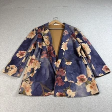 Solitaire Jacket Women Large Blue Floral Butterfly Open Front Long Blazer Pocket