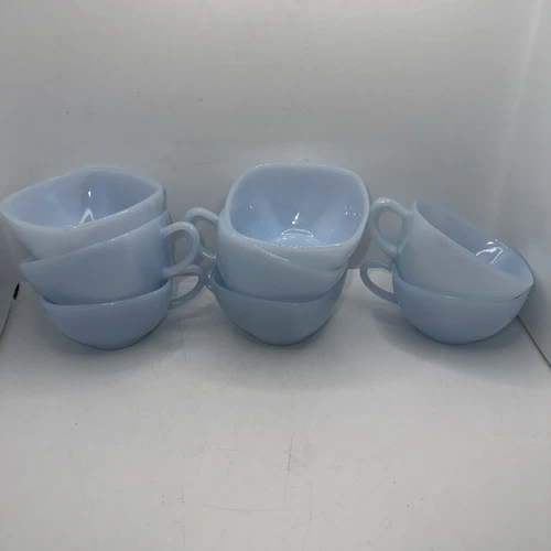 Set of 8 VTG Fire King Delphite Blue Azurite CHARM Square Coffee Tea Cups