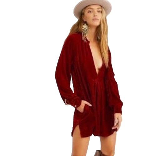 Free People Burgundy Embroidered Long Sleeve Dress Large | eBay