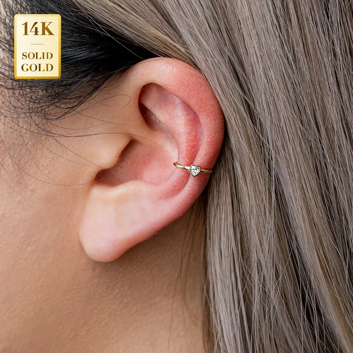 14K REAL Solid Gold Heart Single Cubic Zirconia Ear Cuff Wrap Earring Cartilage