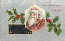 Christmas~Santa In Gold Inset~Pink Suit~Tassled Hat~Holly~Silver Back~Emb~Winsch