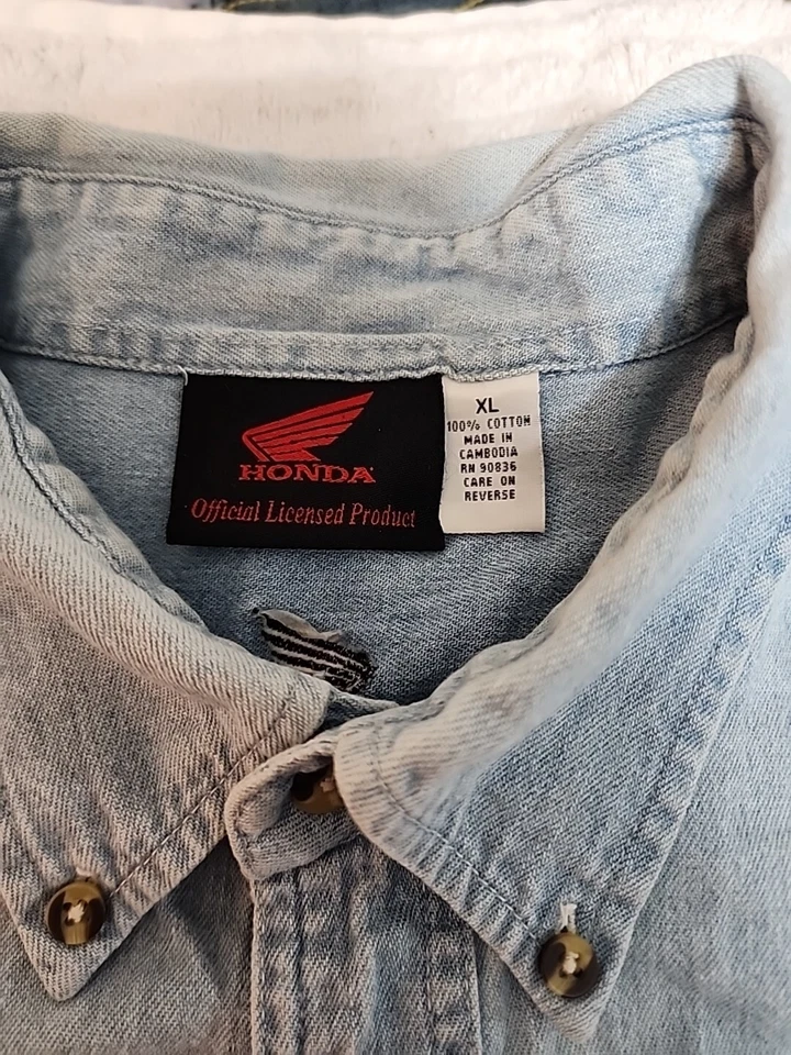 Camisa jeans masculina vintage Honda XL bordada logotipos manga longa botão para baixo - Imagem 3 de 4