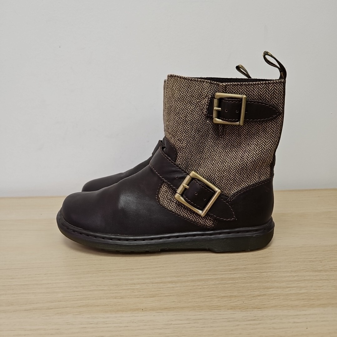 Dr Martens Gayle Brown Leather Tweed Biker Ankle Flat Buckle Boots Size Uk