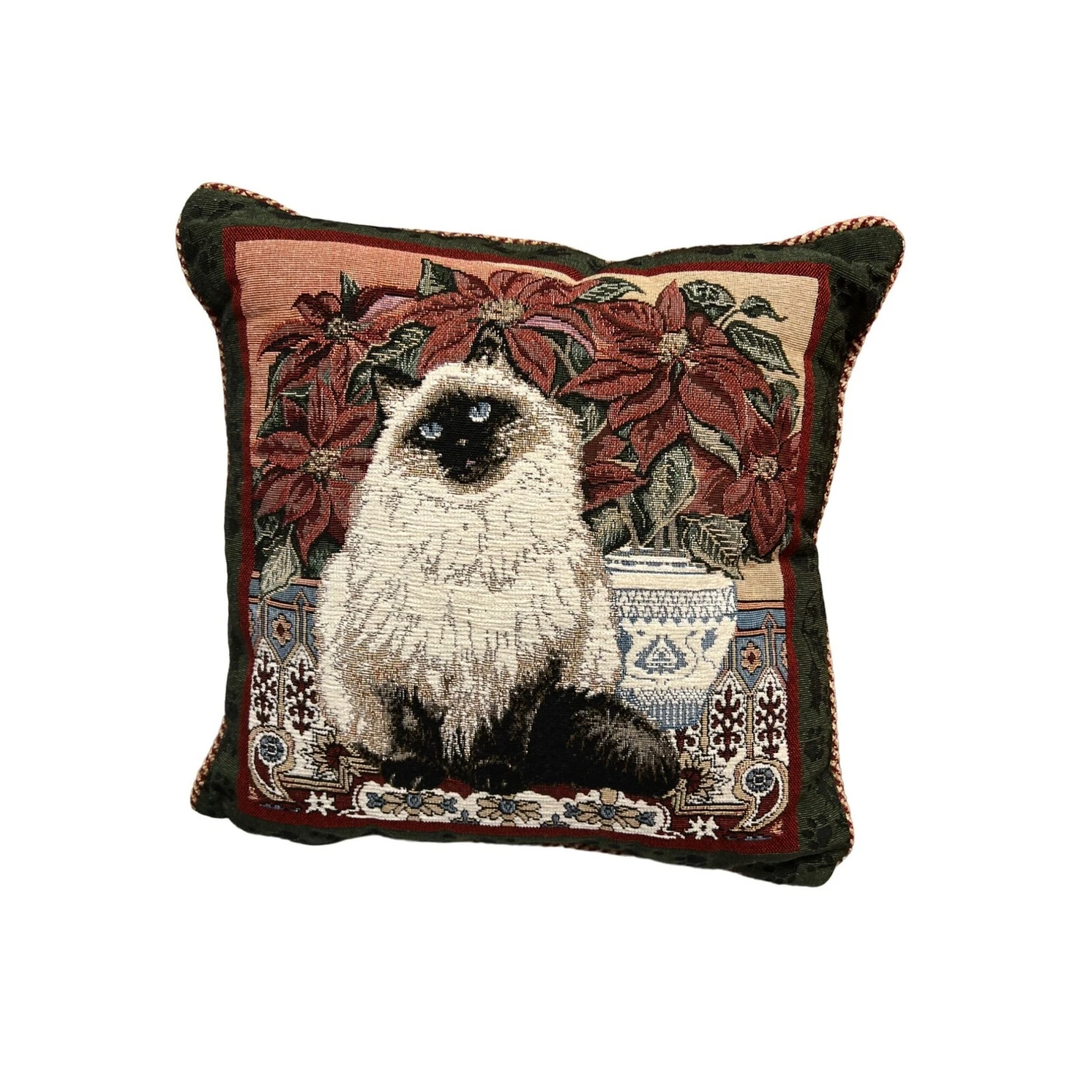 Vintage Cat Tapestry Throw Pillow - Siamese Cat With Poinsettia Design - 16" Squ