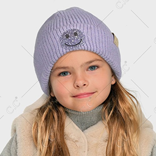 C.C Exclusive Girls Boys Kids Soft Knit Solid Color Smile Face Rhinestone Beanie - Picture 2 of 7