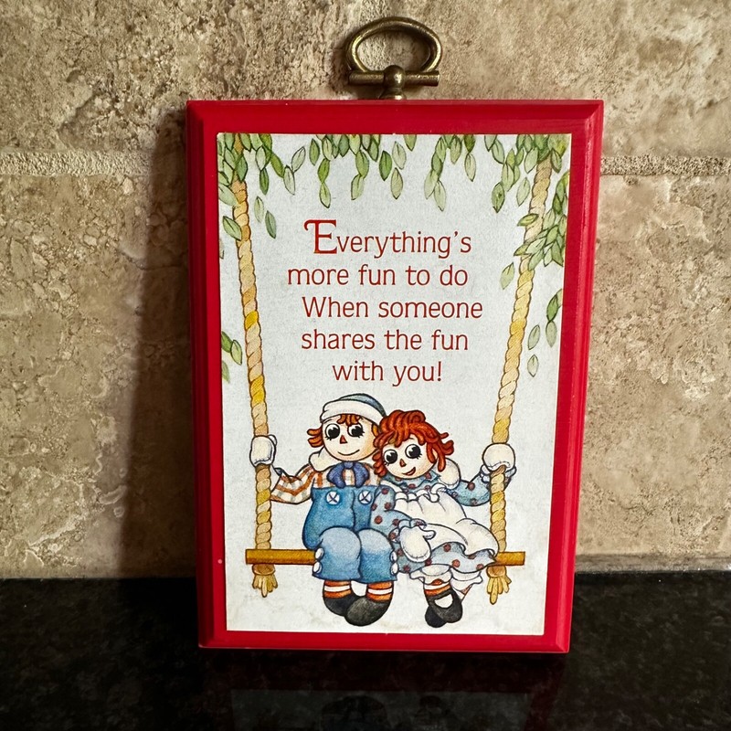 Vintage Raggedy Ann and Andy RARE Red Frame Sign Plaque Art Hallmark 1987 USA