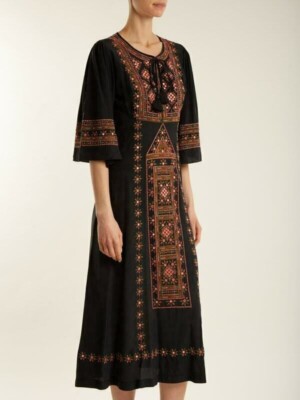 Figue Louise Embellished Silk Midi Dress Embroidered Short Sleeve Black New  L | eBay