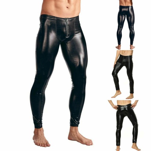 Black Tight Leggings Clubwear PU Leather Pants with Pouch Zip for Men's Fashion - Picture 6 of 27