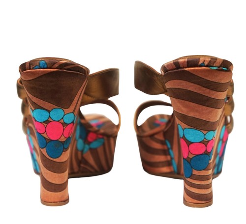 Y2k SERGIO ROSSI 36.5 Metallic Leather Printed Satin Wedge Sandals Heels 6 NEW - Picture 4 of 5